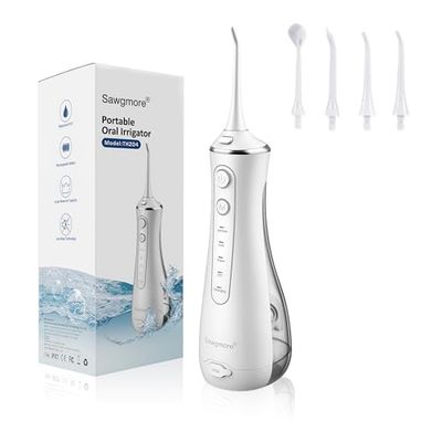 Sawgmore Idropulsore Dentale, Irrigatore Orale Professionale con 4 Modalità e 4 Ugelli di Ricambio, Ricaricabile USB, Impermeabile IPX7 Water Orale Flosser Pulizia Denti Ideale per Viaggi a Casa