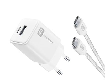 cellularline - Multipower 30W Kit - Caricabatterie da Rete 30W + Cavo USB-C to USB-C 3A da 100cm Incluso - per Smartphone, Tablet e Laptop - Bianco