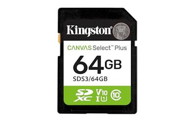 Kingston Canvas Select Plus SD Memory Card 64GB SDXC Gen3 100MB/s C10 UHS-I U1 V10 - SDS3/64GB