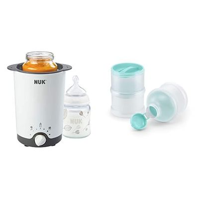 NUK 10256377 Barnmat Varmare, Grå, Vit & NUK staplingsbar dispenser för barnmat | Dispenser för mjölkpulver med tre staplingsbara skålar/behållare | Suverän för mellanmål | BPA-fri | Blå