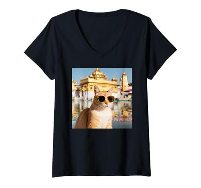 Womens Indian Cat Wearing Sunglasses At The Temple India V-Neck T-Shirt