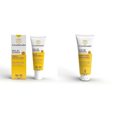 CICAMANUKA - Crème réparatrice au miel de Manuka IAA10+ - 40ml & Crème pieds réparatrice au miel de Manuka IAA15+ Répare les talons abîmés secs Certifié Cosmos Natural 75ml
