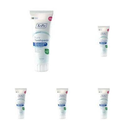 Il dentifricio TePe Pure, non aromatizzato, dentifricio molto delicato al fluoro per gengive molto sensibili e bocca secca, uso quotidiano, livello di fluoro adeguato all'età (Confezione da 5)