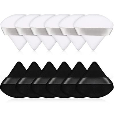 12 Houppette Bouffée de Maquillage de Visage Triangle pour Poudre Libre Éponge de Fond de Teint Cosmétique de Corps Doux Outil de Maquillage Poudre Minérale Sec Humide (Noir et Blanc)