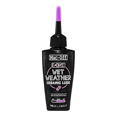Muc-Off E-Bike Wet Chain Lube, 50 ml - Lubrificante de corrente de bicicleta E-Bike com tinta marcador UV - Lubrificante de bicicleta elétrica - Formulado para ambientes húmidos