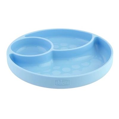 Chicco maträtt med sugkopp för spädbarn och barn, silikon matplatta med 3 fack, mjuk och hållbar, diskmaskin säker, mikrovågssäker, BPA-fri - 12+ månader, blå