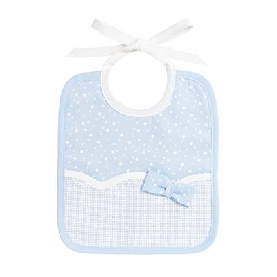 AGOFIL FILET - Bib Made From Star Print Cotton Pique with Aida Insert for Embroidery, Ideal for Newborn Babies, 100% Made in Italy, Light Blue and White.