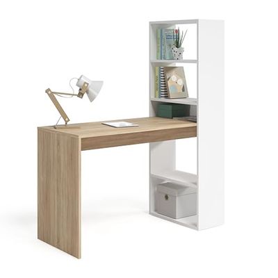 Homey Computertafel met omkeerbare plank, Arctic White en eiken, lichtmodel, melamine, 144 x 120 x 52 cm
