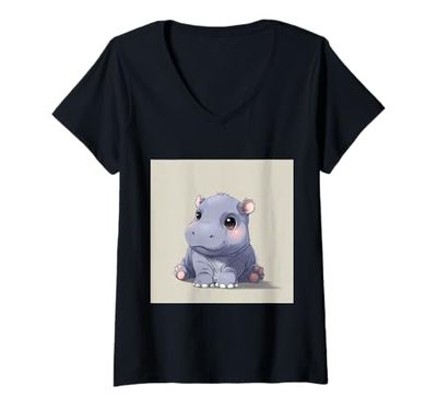 Mujer Lindo hipopótamo de Dibujos Animados hipopótamo Chibi Lindo Camiseta Cuello V