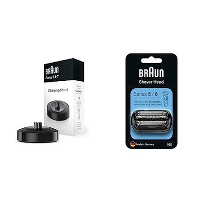 Braun Shaver Charging Stand for Series 5, 6 and 7 Electric Shavers & Series 5 Electric Shaver Replacement Head, Easily Attach Your New Shaver Head, 53B, Black