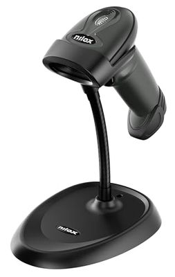 Nilox, Lector Códigos Barras 1D con Tecnología Láser, Inalámbrico, Ergonómico y Configuración de Lectura Continua, con Cable USB para Carga y Transferencia de Datos, Negro