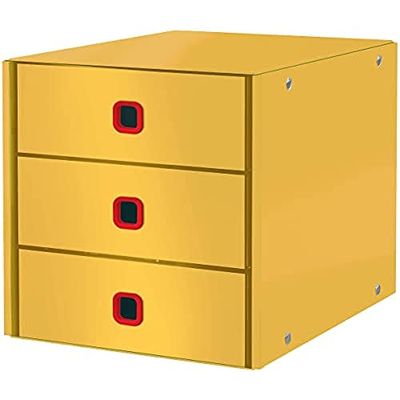 Leitz Click & Store Förvaringsbox med 3 Lådor i A4-format, Förvara Viktiga Papper och Dokument, Hopfällbart Lådskåp i Kartong För Användning Hemma / på Arbetsplatsen, Cosy-kollektionen, Gul, 53680019