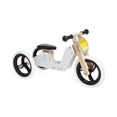 Janod - Draisienne Tricycle Évolutif 2-en-1 en Bois – Siège Réglable et Poignées Ergonomiques – Look Rétro Vintage – Equilibre et Autonomie – Couleur Gris – Dès 18 Mois, J03280
