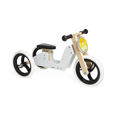 Janod - Bici Senza Pedali Triciclo Evolutivo 2in1 in Legno – Sellino Regolabile e Impugnature Ergonomiche – Look Retrò – Equilibrio e Autonomia – Grigio – Dai 18 Mesi, J03280