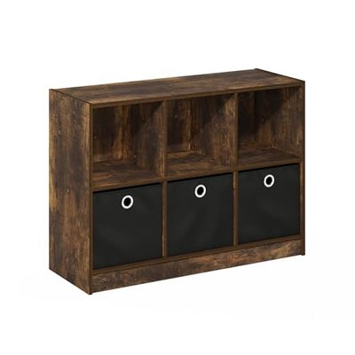 Furinno Basic 3x2 Libreria portaoggetti con contenitori, Pino Ambrato/Nero