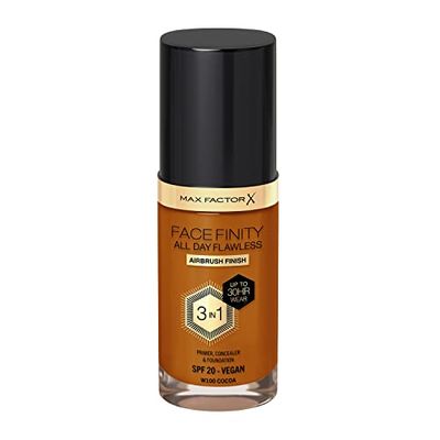 Max Factor Fondotinta Facefinity All Day Flawless – Correttore, Fondotinta liquido e primer viso 3-in-1, Formula vegan, Copertura modulabile, Tenuta fino a 30 ore, SPF20 – W100 Cocoa, 30 ml