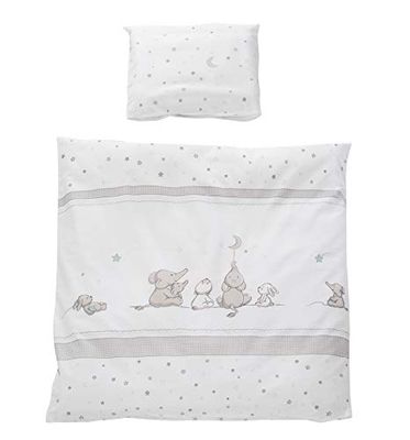 roba Roupas de berço para bebés Sternenzauber - capa nórdica 80 x 80 cm + fronha 40 x 35 cm, estampado com estrelas e elefantes - branco/cinzento claro