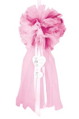 Cocarde Naissance avec rubans de satin parchemin et application de queues, Pon Pon Rose