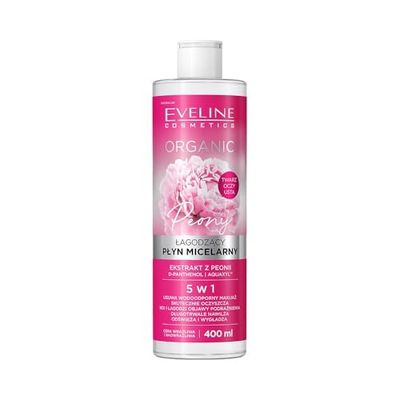 Eveline Cosmetics Agua de limpieza suave de micelas con extracto de peonía 5 en 1 | Elimina el maquillaje resistente al agua | Hidrata y calma la piel sensible | 400 ml