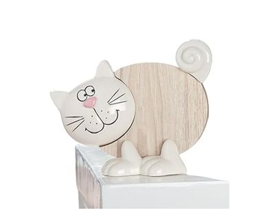 DRW Figuur kat van hout en keramiek, wit en natuur, 16 x 5 x 12 cm