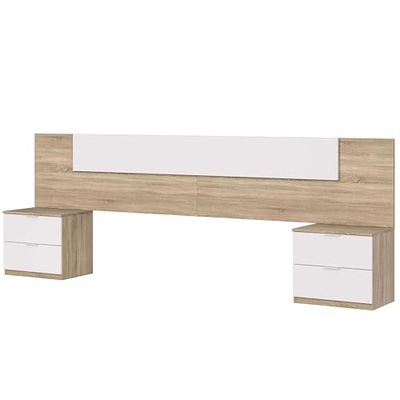 Habitdesign Cabeça duas mesas de cabeceira, cabeceira e mesas, modelo de praia, acabamento em branco Artik e carvalho canadense, medidas: 247 cm (largura) x 50 cm (altura) x 38 cm (fundo)