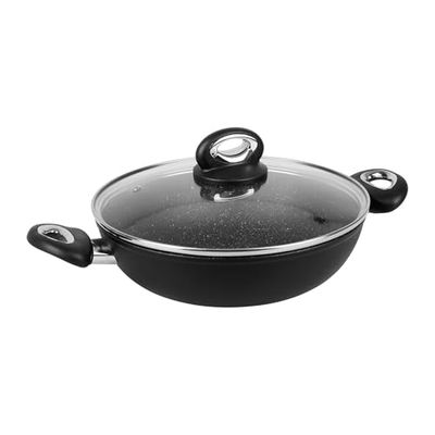 Sitram 716907 - Collar largo de granito, diámetro de 26 cm, aluminio forjado, revestimiento negro antiadherente, sin PFOA, interior efecto piedra, tapa de cristal, incluye inducción