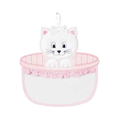 FILET - Lazo de Nacimiento Neonato con Gatito en la Cesta en Tela Aida para Bordar, Realizado en Algodón, Ideal para Colgar para Anunciar el Nacimiento de un hijo, Made in Italy, Color Blanco y Rosa