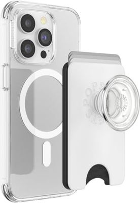 PopSockets: PopWallet + para MagSafe - Anillo Adaptador para MagSafe Incluido - Tarjetero con Top Intercambiable Integrado para Smartphones y Carcasas - White Clear