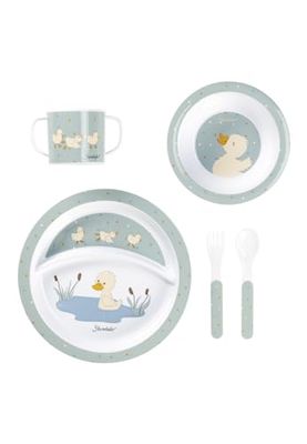 Sterntaler Serviesset eend Edda Lou steengroen, 5-delige set voor jongens en meisjes bestaande uit mok, bord, brede schaal, elk met antislip onderkant en lepel en vork