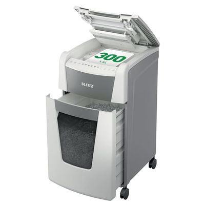 Leitz IQ 80150000 - Destructeur de Documents Coupe Croisée Sécurité P4 pour Bureau, Automatique, Capacité 300 Feuilles, Corbeille 60 litres, Blanc