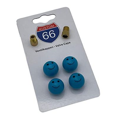 Set di 4 tappi per valvole + 2 adattatori per bicicletta, Smiley in blu, rotondi, adatti per ogni auto, moto e bicicletta