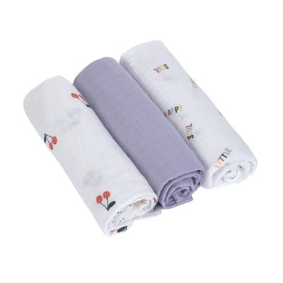 Lässig Coperta Puck per neonati Panno di garza Set di 3 pezzi in cotone 85 x 85 cm/Swaddle & Burp Blanket L GOTS Happy Fruits Cherry