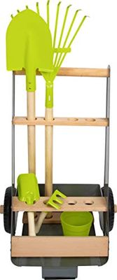 small foot- Set Trolley para jardín, en Madera de Haya y Metal Punta, Maceta y Pala y rastrillo de Mano Juguetes, Color Gris, Verde, Beige (11663)