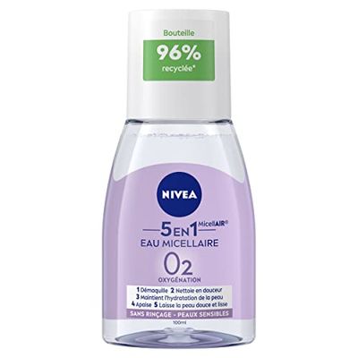 NIVEA MicellAIR SKIN BREATHE Eau Micelar Pieles Sensibles Mini Formato, desmaquillante 3 en 1 sin perfume ni colorantes, limpiador facial, ojos y labios 100 ml-Lot de 2