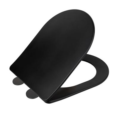 Sedile WC Galati, sedile WC piatto a forma di D con meccanismo di chiusura ammortizzata, in duroplast, fissaggio con Fix-Clip, nero opaco