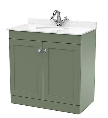 nuie Floor Standing 2 Door Unit & 1 Tap Hole Marble Worktop with Round Basin, 800mm, Satin Green/White