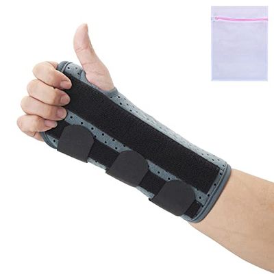 360 RELIEF Wrist Support Brace - with 3 Metal Splints & 3 Adjustable Straps | Arthritis Carpal Tunnel, Tendonitis, Joint Paint | for Men & Women | Grey, Large for Right Hand with Mesh Laundry Bag
