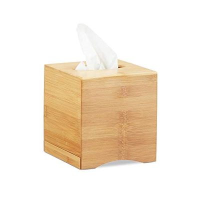 Relaxdays tissue box vierkant, HxBxD: 15,5 x 14,5 x 14,5 cm, zakdoekjes houder, tissuehouder hout, zakdoekendoos, natuur