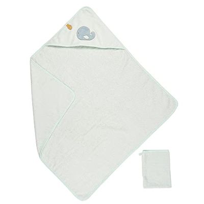 Nattou Toalla de Baño con Capucha y Manopla de Algodón y Poliéster, Ballena Sally, Aprox. 75 x 75 cm, Algodón, Romeo, Jules y Sally, Azul Claro