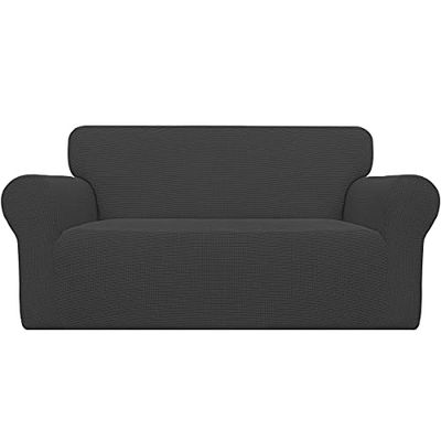 Easy-Going Stretch Oversized Loveseat Slipcover 1-Piece Sofa Cover Furniture Protector Couch Soft with Elastic Bottom for Kids Polyester Spandex Jacquard Fabric Small Checks Dark Gray