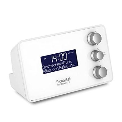 TechniSat DIGITRADIO 50 SE - Radio-réveil (DAB+/FM, écran à intensité variable, réveil avec deux heures de réveil réglables, snooze, minuterie de sommeil, 1,5 W, prise casque, charge USB) Blanc