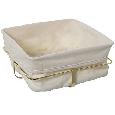 DRW Cestino di Pane in Metallo e Tessuto in Bianco e Oro 21,5x21,5x10cm