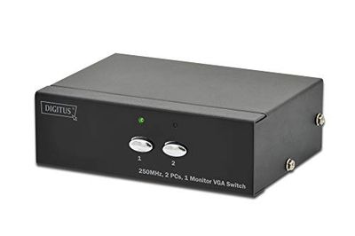 Digitus VGA Switch Periférico de entrada (2 portas, 250 MHz, 1 monitor, 2 unidades, 3 VGA, HDSUB15 fêmea no máximo. 1920 x 1080 pixeis em 60 Hz, inclui fonte de alimentação)