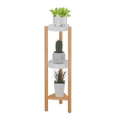 Relaxdays växtstativ, 3 hyllor, inuti, bambu och plast, H x B x D: 78 x 25 x 22 cm, blomställ, natur/vit