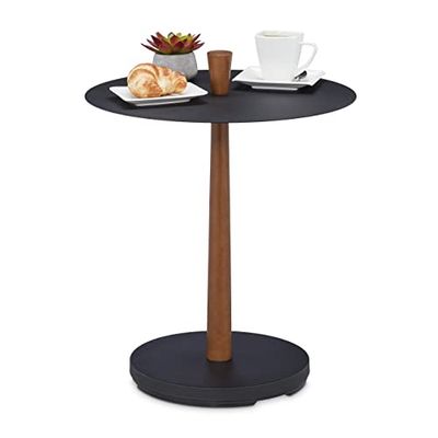 Relaxdays Mesa Auxiliar, Acero, Madera, 56 x 45 cm, Mesita Salón Redonda, Mesilla Metal Industrial, Negro/Marrón