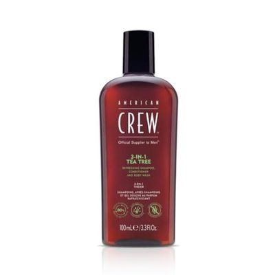 American Crew 3-in-1 Reisverpakking, Tea Tree, Shampooing, Conditioner & Body Wash voor Haar en Lichaam (100ml), Versterkend en Hydraterend.