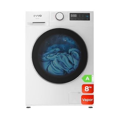 EVVO Lavadora 8kg, Vapor, Bajo consumo, Clase A, Motor Inverter, Hygiene Pro, Lavado Rápido 15', Tambor ePROTECT, Inicio Diferido, 1400 rpm, 15 programas, Carga frontal, Nature (8Kg, Blanco)