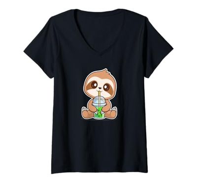 Donna Funny Cute Kawaii Kids Boba Tea Bubble Tea Sloth Lover Maglietta con Collo a V