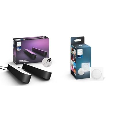 Philips Hue -Kit Inicio Barras Hue Play, Sincroniza Luz Blanca y de Colores con el contendio & Interruptor Tap blanco instalación sin cables, Bluetooth, Compatible con Alexa y Google Home