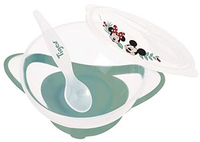 Tigex Sugkoppsskål för bebisar | Träningsskål med lock och sked | Mikrovågsugns- och diskmaskinssäker | Disney Mickey Mouse